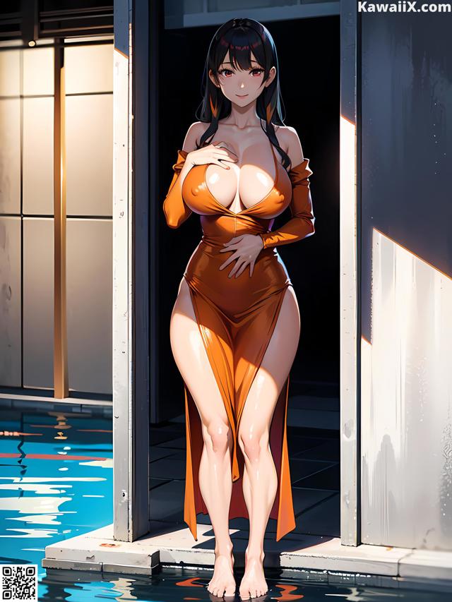 A woman in an orange dress standing in a pool.
