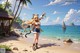 A woman in a bikini standing on a beach next to the ocean.