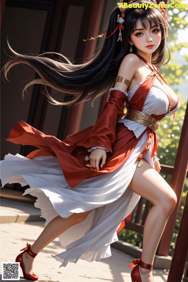 A woman in a red and white dress is posing for a picture.