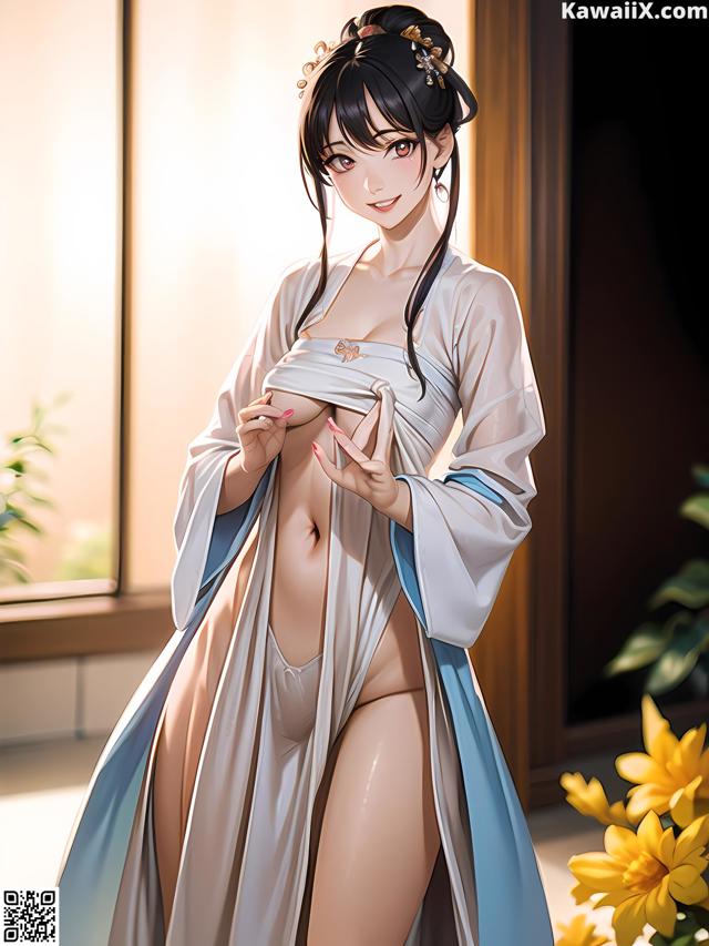 A woman in a white kimono standing in front of a window.